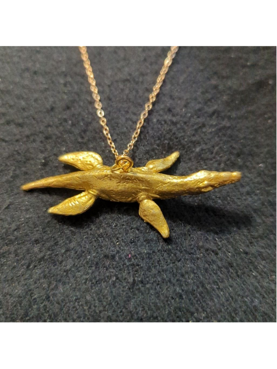 Hand Crafted Jewelry - Gold Tone Plesiosaur Dinosaur Pendant Statement Necklace